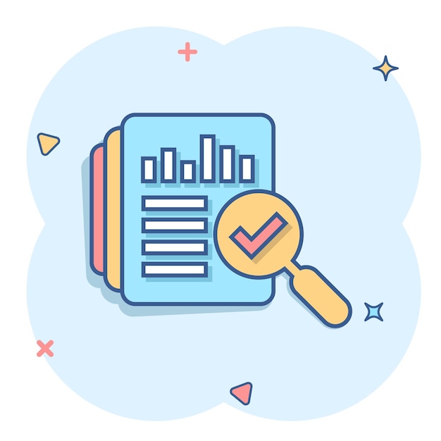 Audit document icon in comic style Result report vector cartoon illustration on white isolated background Verification control business concept splash effect