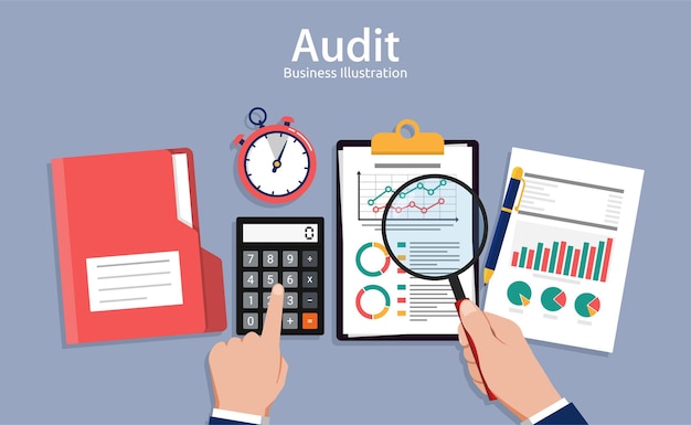 Auditing concepts, Auditor at table during examination of financial report, Research, project management, planning, accounting, analysis, data