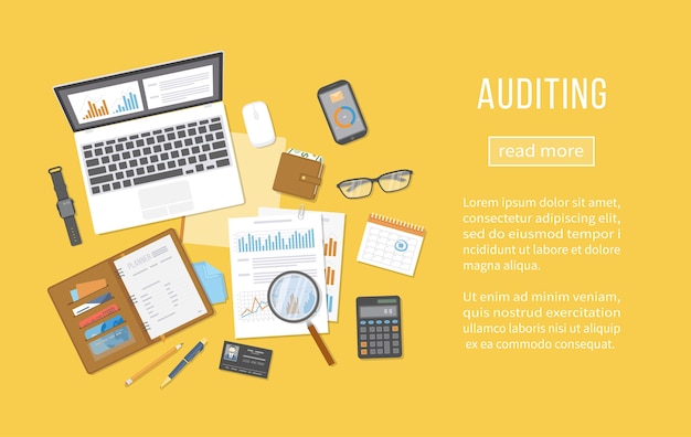 Auditing concepts. Financial analysis, analytics, data capture, planning, statistics, research. Documents, forms, charts, graphs, calendar, calculator, notebook, business card. Top view.