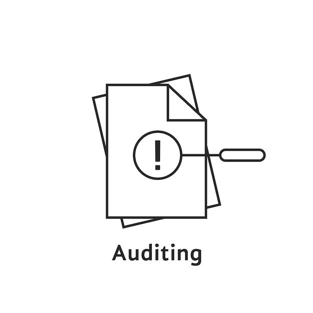 Auditing with thin line document. concept of auditor, fax, seo, scrutiny, annual verification, evaluation, info, exclamation mark. flat style logotype design vector illustration on white background