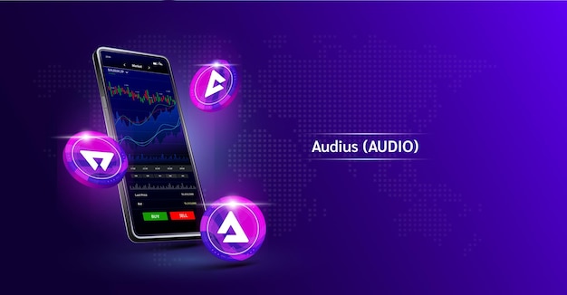 Audius coin and Phone App for trading crypto currency on the touch screen smartphone