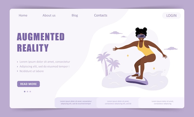 Augment reality landing page template African woman in VR glasses surfing on waves Metaverse or Cyberspace concept