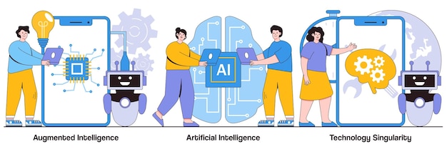 Augmented intelligence artificial cognitive robotics technological singularity concepts with people characters Cutting edge technology illustration pack High tech machine learning metaphor