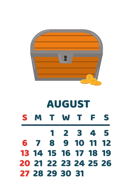 August 2023 calendar page Vector cartoon illustration with cute treasure chest Template for print Vertical layout White background