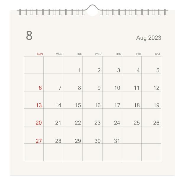 August 2023 calendar page on white background Calendar background for reminder business planning appointment meeting and event Week starts from Sunday Vector