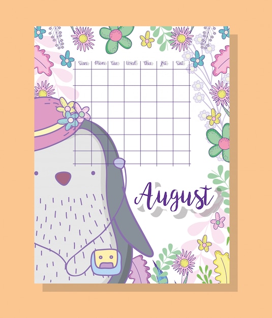 August calendar information with penguin and plants