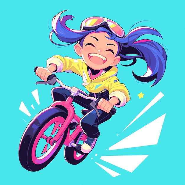 A Aurora girl rides an offroad unicycle in cartoon style