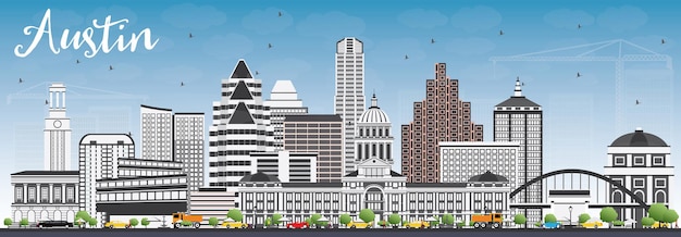 Austin Skyline with Gray Buildings and Blue Sky. Vector Illustration. Business Travel and Tourism Concept with Modern Architecture. Image for Presentation Banner Placard and Web Site.