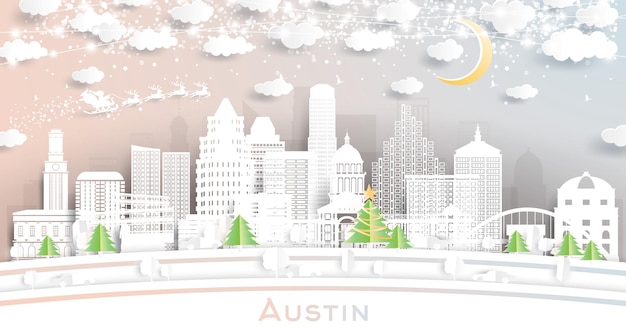 Austin Texas City Skyline in Paper Cut Style with Snowflakes Moon and Neon Garland