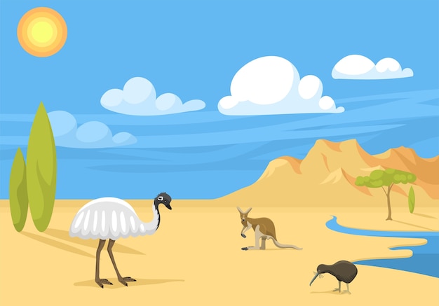 Australia  landscape with animals cartoon  illustration.