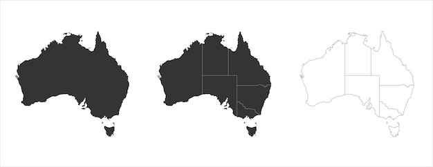 Australia maps set with states borders isolated on white. Grey coloured map set. Vector.