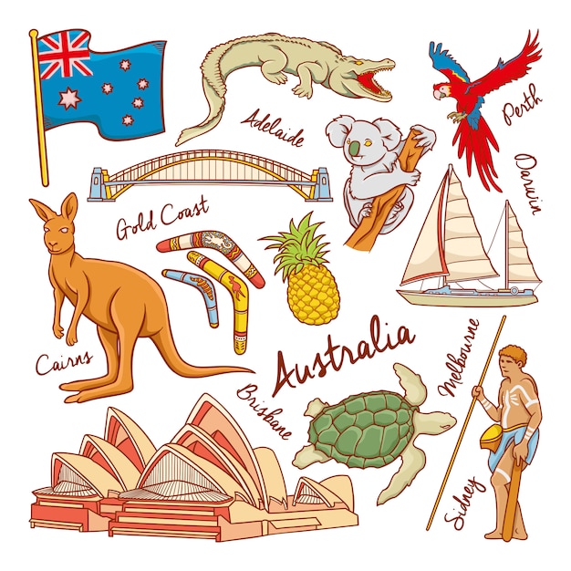 Australia nature and culture icons doodle set vector illustration