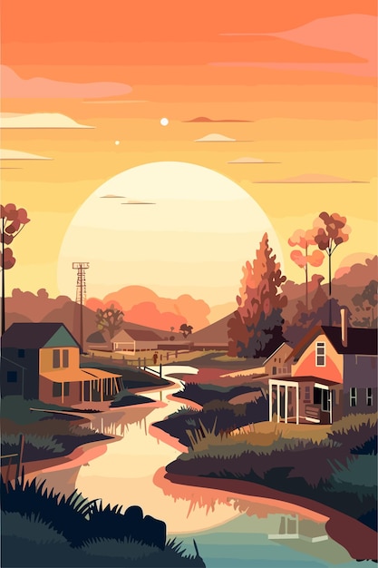 Australia small village landscape in the evening Vector flat illustration