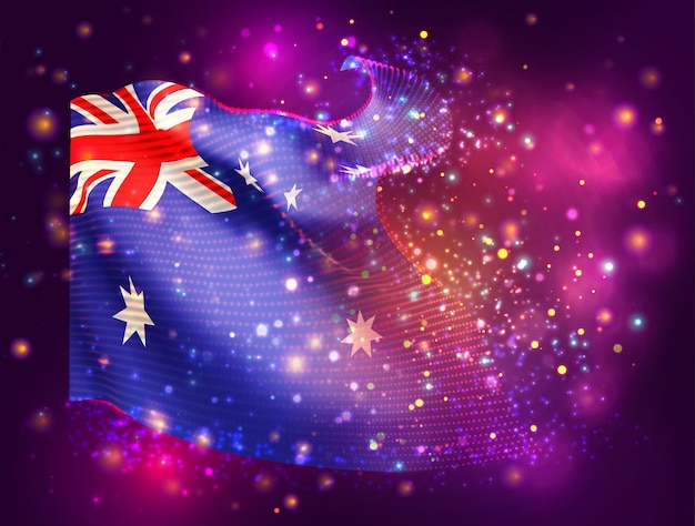 Australia vector 3d flag on pink purple background with lighting and flares