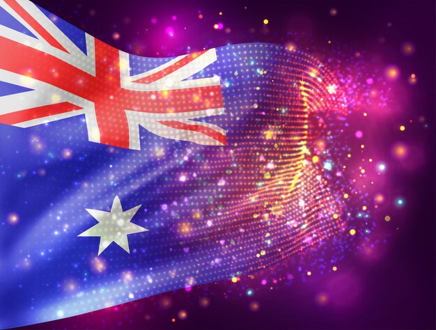 Australia, vector 3d flag on pink purple background with lighting and flares