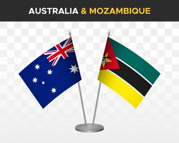 Australia vs Mozambique desk flags mockup isolated 3d vector illustration table flags