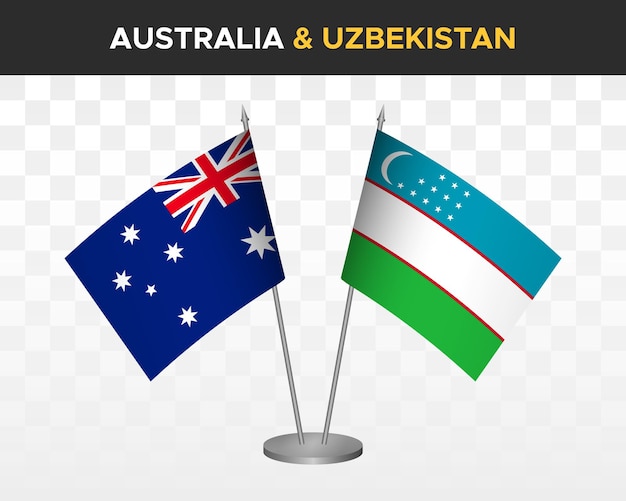 Australia vs Uzbekistan desk flags mockup isolated 3d vector illustration table flags