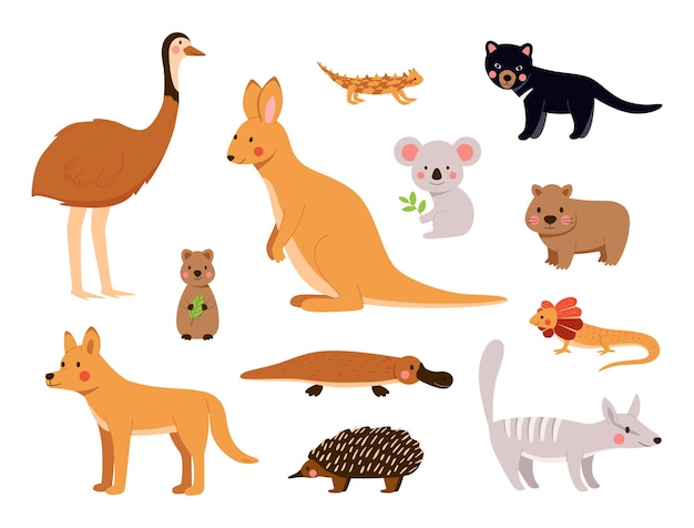 Australian animals in cute cartoon vector set Funny illustrations  fauna of Australia