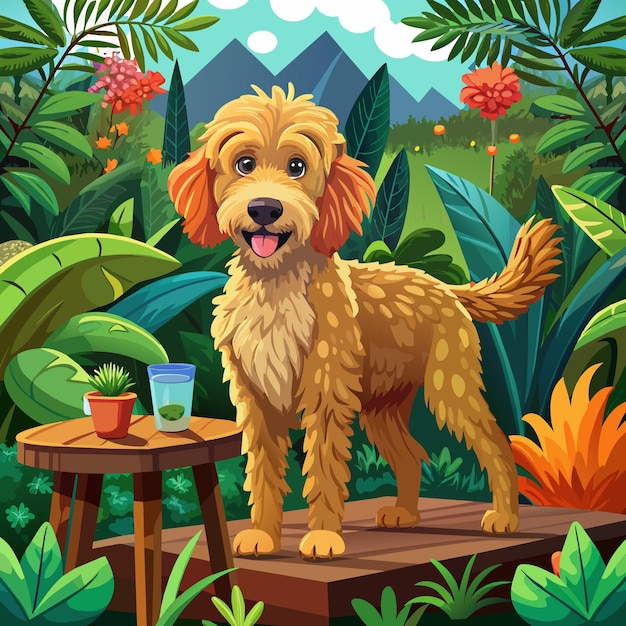 Australian Labradoodle dog energetic goes jungle table vector