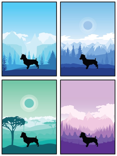 Australian Terrier Dog Breed Silhouette Sunset Forest Nature Background 4 Posters Stickers Cards