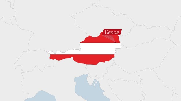 Austria map highlighted in Austria flag colors and pin of country capital Vienna