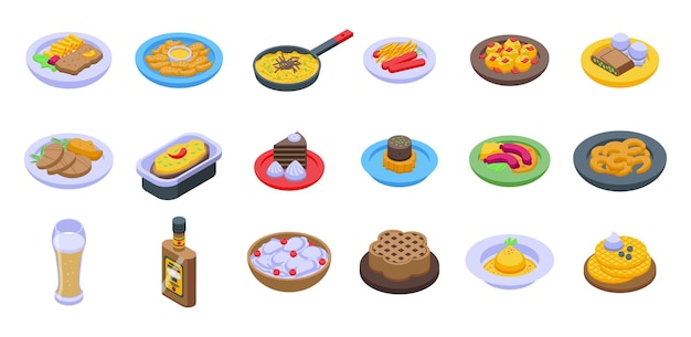 Austrian cuisine icons set isometric vector Strudel bakery