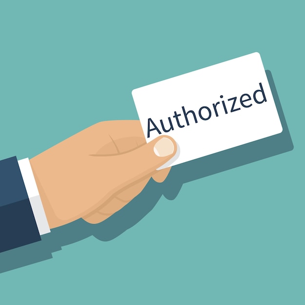 Authorized concept White card holding in hand Vector illustration flat design