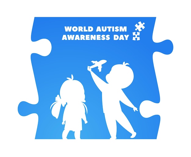 Autism awareness day World problem kids silhouettes in puzzle pieces Autistic logo adults and children mental health care accept and support vector poster template