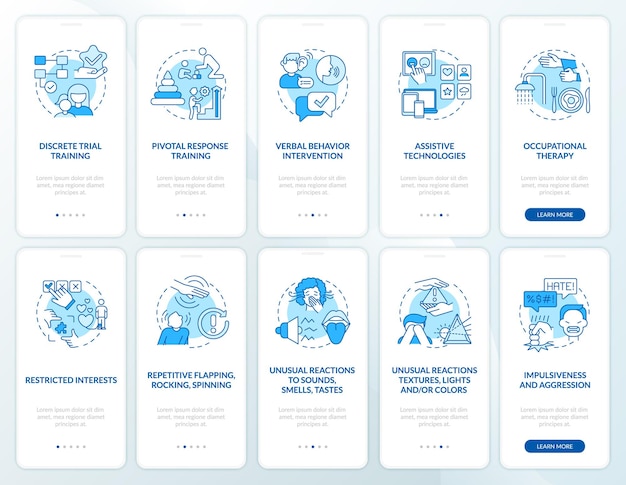 Autistic therapy methods onboarding mobile app page screens set. Autism signs walkthrough 5 steps graphic instructions with concepts. UI, UX, GUI vector template with linear color illustrations