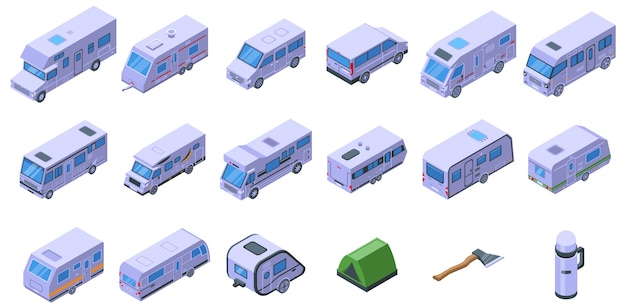 Auto camping icons set. Isometric set of auto camping  icons for web  isolated on white background