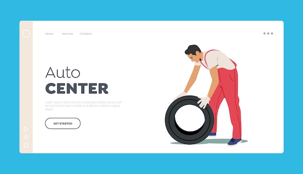 Vector auto center landing page template man in red uniform holding tire for mount or change service station mechanic staff