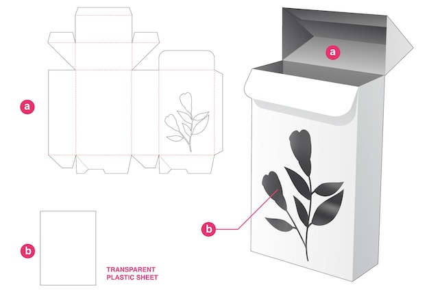 Auto locked point packaging box with flower window and transparent plastic sheet die cut template