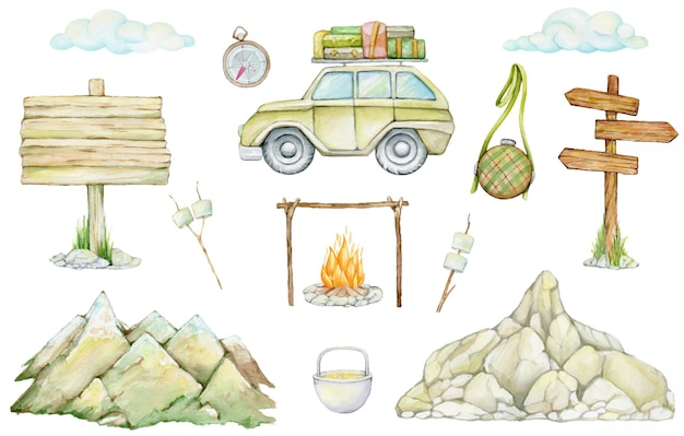 Auto, marshmallows, mountains, wooden pointers, clouds, bonfire, compass