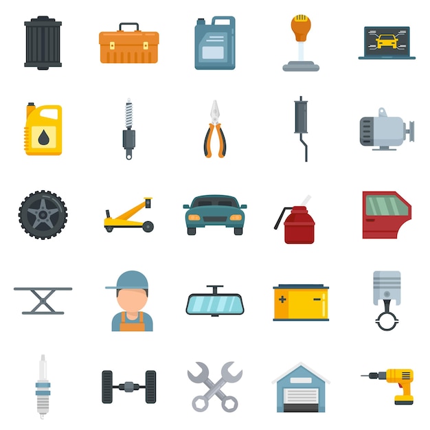 Auto mechanic icons set. Flat set of auto mechanic vector icons isolated on white background