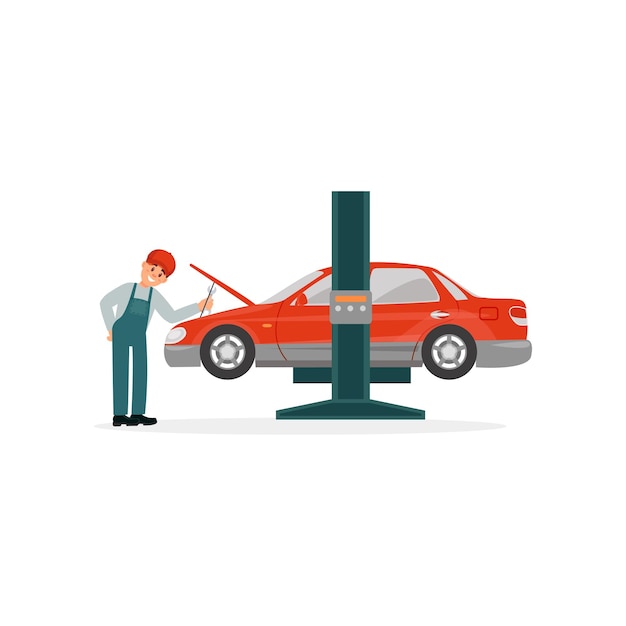 Auto mechanic repairing red car lifted on auto hoist vector Illustration on a white background