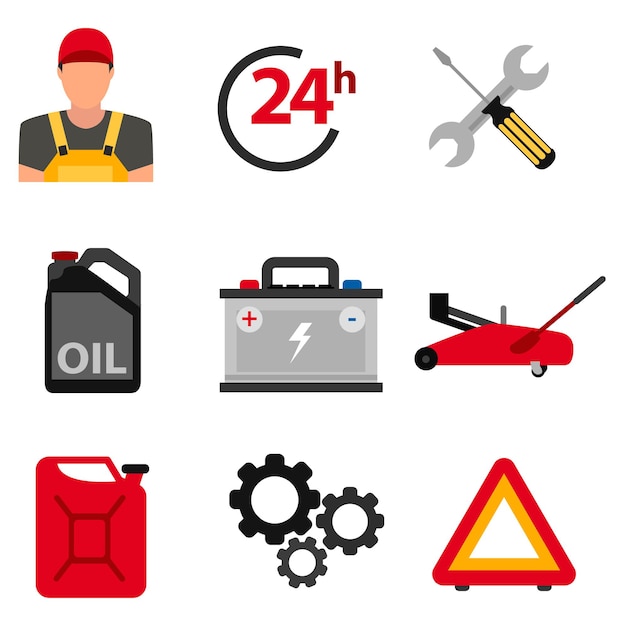 Auto mechanic service flat icons of maintenance car repair and working