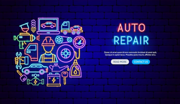 Auto Repair Neon Banner Design Vector Illustration of Car Service Promotion