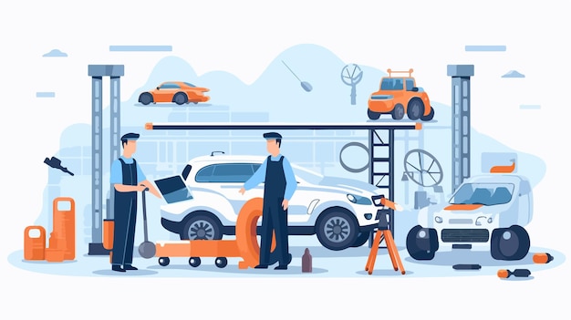 Vector auto repair process mechanic inspecting and fixing car