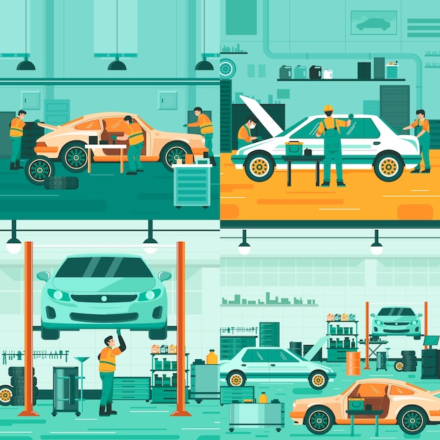 Auto repair shop illustrations in flat design