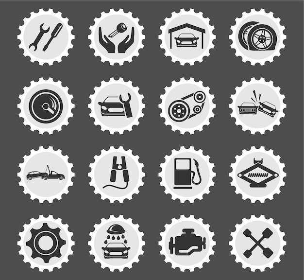 Auto Service icons on stylized round postage stamps