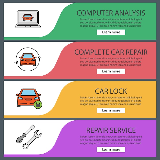 Auto workshop web banner templates set. Computer analysis, car repair, lock, spanner and screwdriver. Website color menu items. Vector headers design concepts