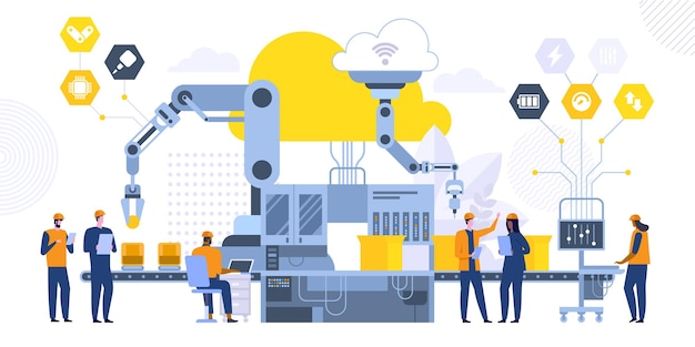 Vector automated assembling line flat vector illustration. futuristic factory workers, engineers computer cartoon characters. manufacturing process monitoring. high tech equipment, modern machinery