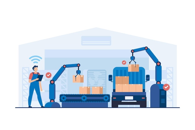 Vector automated logistics hub with smart inventory management warehouse crew operating packaging machine for efficient product handling and distribution vector illustration