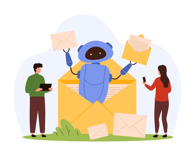 Automated mail service with AI digital helpdesk support of robot from open envelope