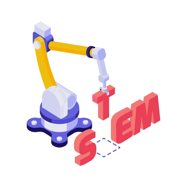 Automated robotic arm building word stem in 3d isometric education concept illustration