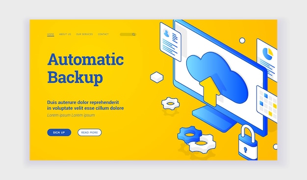 Automatic backup. Isometric vector illustration of computer monitor with cloud storage sign depicted on advertisement banner for automatic backup technology. Web banner, landing page template