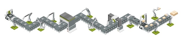 Automatic factory with conveyor line and robotic arms Assembly process Vector illustration