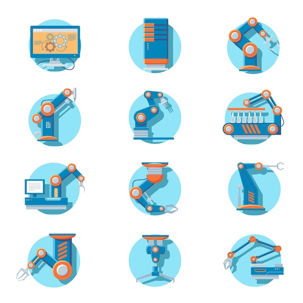 Automatic Industrial Robot Icons Set