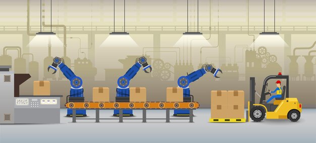 Vector automation factory concept with robot working flat design vector illustration