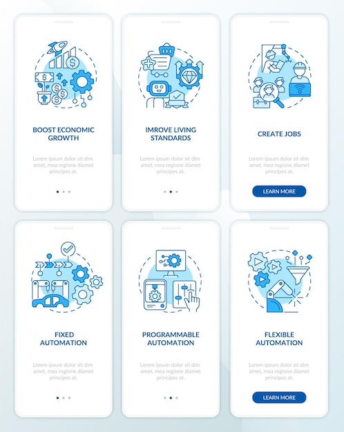 Automation systems blue onboarding mobile app screen set